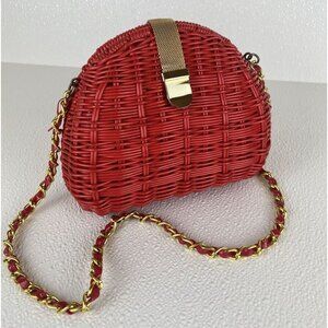 Red Woven Hard Shell Lined Crossbody  21" Gold Chain Strap Bag Gold Snap  READ